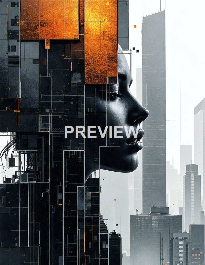 The image features a large, futuristic sculpture of a woman's face integrated into a cityscape, with geometric patterns and illuminated sections on the building structures surrounding it.